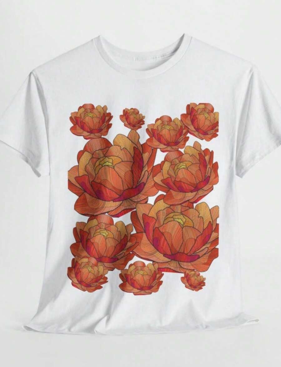Abstract Brown And Orange Roses Printed On The Front Of A White Unisex Heavy Cotton Short Sleeved Tee Shirt, A Burst Of Color - trắng - Xem 1