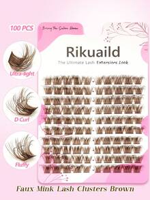 Rikuaild 100pcs D-Curl Colored Lightweight Fluffy Brown False Eyelashes, 3D Fluffy Wispy Brown Cluster Fake Lashes, Single Strand Brown Eyelash Extensions, Natural Brown Makeup, Soft Individual Lashes, DIY Eyelash Extension - D - 查看 5