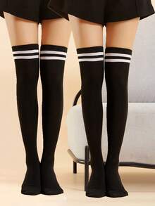 半双装学院风简约百搭过膝袜，舒适保暖 - 黑與白 - 查看 6
