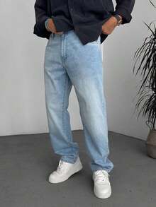 leev 直筒牛仔裤，棉质斜口袋水洗牛仔布，个性百搭宽腿水洗牛仔布，情侣装宽松直筒版型