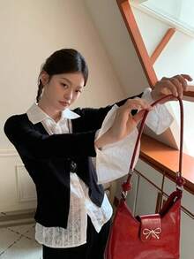 女士春季针织上衣，深灰色针织拼接开衫，修身喇叭袖衬衫，黑色 - 黑色 - 查看 6