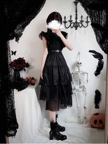 星期三亚当斯吸血鬼新娘哥特式角色扮演服装，万圣节深色迷你连衣裙
