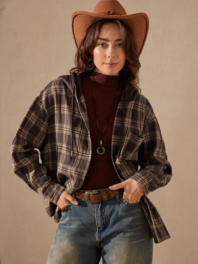 Wildy 棕色梭织连帽衬衫、长袖上衣