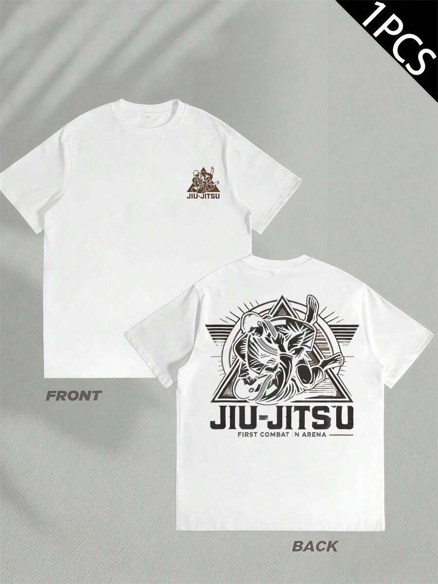 Jiu-Jitsu Combat Graphics, Herren-T-Shirt Mit Beidseitigem Aufdruck, Modisch, L?Ssig, Rundhalsausschnitt, 220 G/M2, Reine Baumwolle (1 Stück) - trắng - Xem 1