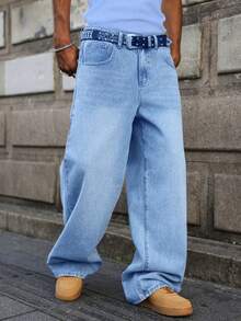 Men's Comfortable Solid Washed Blue Wide Leg Jeans, Fashionable And Versatile Wardrobe Essential Denim Pants