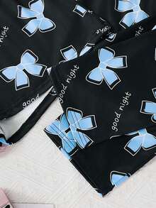 3 件字母蝴蝶结印花睡衣套装，圆领短袖 T 恤 + 松紧腰短裤 + 休闲裤，舒适睡衣，女士睡衣和家居服 - 藍色 - 查看 6