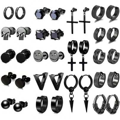 18 对男士耳环，黑色耳环，男士不锈钢耳钉，十字架垂坠耳环，时尚穿孔珠宝套装，男士耳环