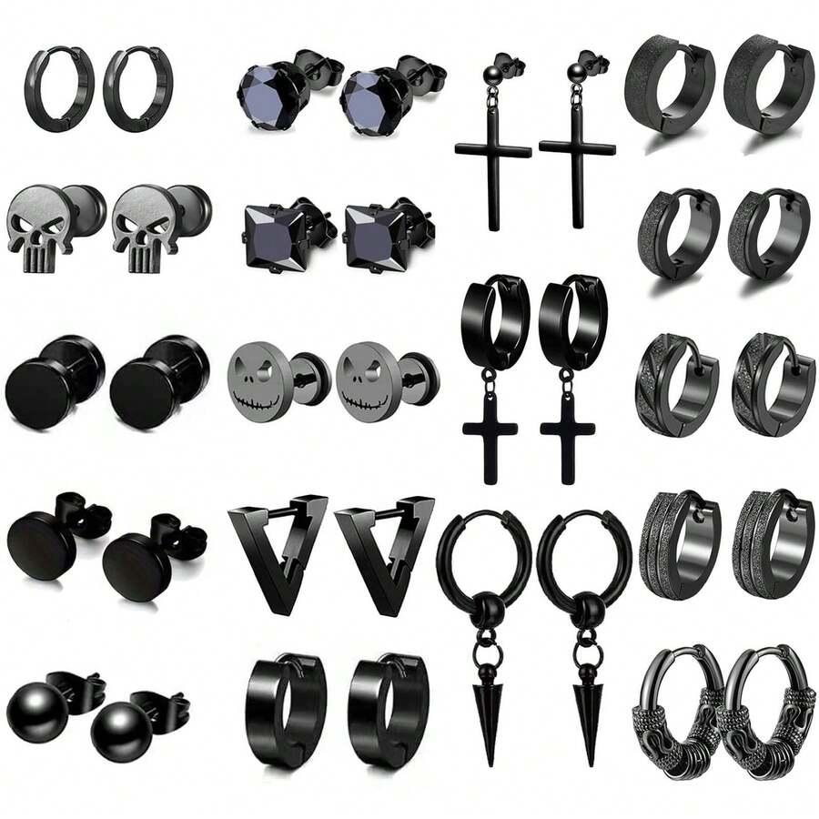 18 对男士耳环，黑色耳环，男士不锈钢耳钉，十字架垂坠耳环，时尚穿孔珠宝套装，男士耳环