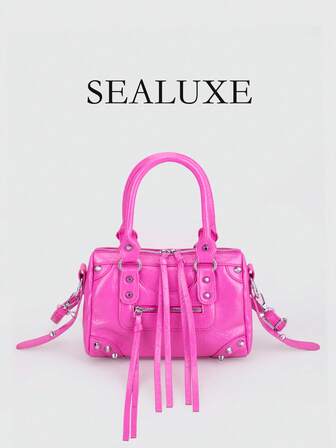 1 Pc Pink Splicing Rivets Inlaid Metal Zip Tassel Zip Decoration Retro PU Material Tab Decorations Double Handles Adjustable Long Shoulder Strap Design Zip Closure Fashion Retro Sweet Cool Style Biker Bag Y2K Punk Style Square Bag Boston Bag Ladies Handbag Casual Quiet Luxury Style Ladies Slant Shoulder Bag Suitable For Daily Commuting Work Shopping Shopping And Other Use