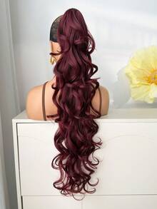 Accessorio per capelli a forma di artiglio per coda di cavallo, colore rosso vino, parrucca sintetica a onde profonde resistente al calore da 28 pollici, adatta per feste di Natale, Ognissanti e uso quotidiano delle donne