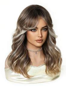 Brown Highlight Synthetic Wig With Bangs, Dark Brown Long Wavy Layered Wig, Suitable For Women's Daily Party Cosplay Wig 20 Inch,For Women Girls Natural Looking Daily Party Cosplay Halloween Wigs For Halloween And Christmas New Year Carnival Music Festival Cosplay ,Gifts For Girls,Summer Graduation Gifts,Ready-Made Gifts,Halloween Christmas Gifts - 挑染棕色 - 查看 4