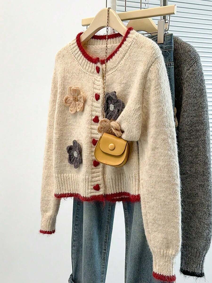 Women's Fall/Winter Floral Appliques, Long-Sleeve Crewneck Button-Front Cardigan