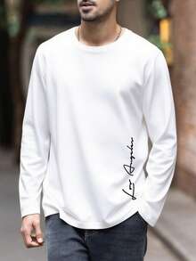 Men's Casual Versatile Floral Font Letter Slogan Print All-Match Long Sleeve T-Shirt, Spring/Autumn