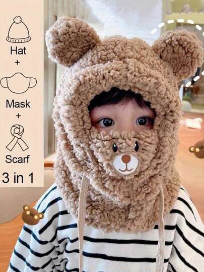 1 Gorro de peluche con diseño de oso de dibujos animados, con bufanda y máscara, 3 en 1 orejeras de felpa, doble capa suave, cierre con cordón elástico, 100% poliéster, lavado a mano, ligero y adecuado para otoño e invierno, uso diario en Navidad