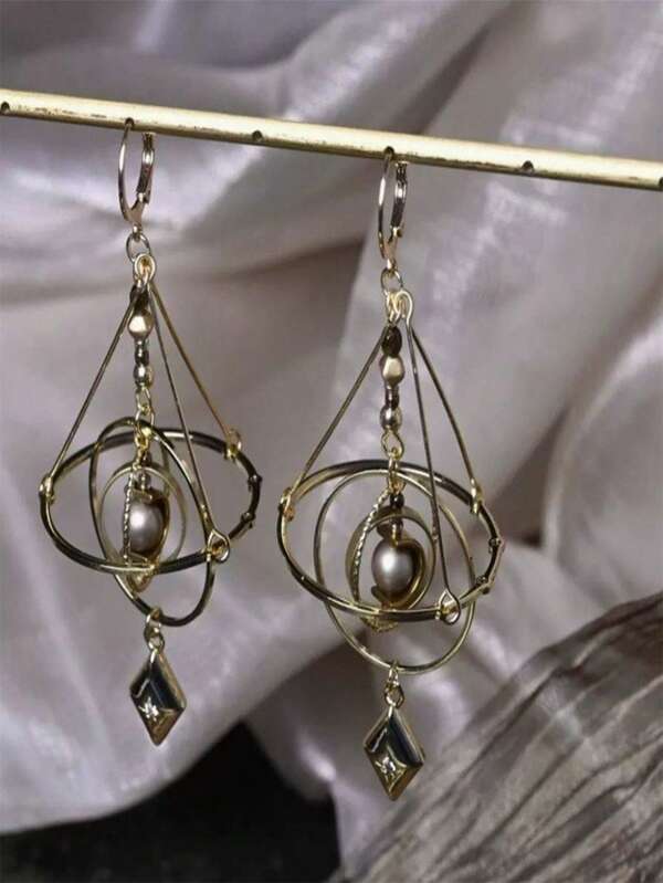 Handmade Solar System Earrings - Bohemian Celestial Jewelry With Golden-Tone Planets & Gemstone Accents, Lightweight Durable Design For Casual Attire, Unique Astronomy Gift For Women & Space Enthusiasts, Moon Earrings, Artistic Accessory, Intricate Craftsmanship