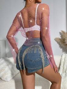 女式水钻装饰透视立领落肩性感派对上衣，夏季 - 粉色 - 查看 6