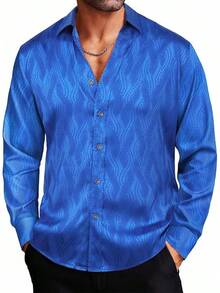 Men's Silk Satin Dress Shirts Jacquard Long Sleeve Floral Button Up Shirts Party Prom Wedding Shirthalloween - 藍色扭曲 - 查看 1
