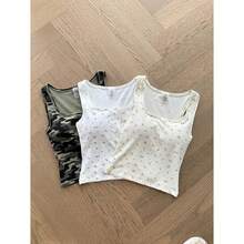 Women Rib Tank Top Padded Workout Top Square Neck Crop Tank Fitted Basic Cami Tops - Blue Rosebud - View 2