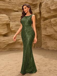 Summer Women's Sequin Sleeveless Mermaid Hem Sparkly Formal Gown , Elegant Party Dress, Formal Wedding Guest Dress, Graduation Ceremony Dress, Evening Gown - 橄欖綠 - 查看 5