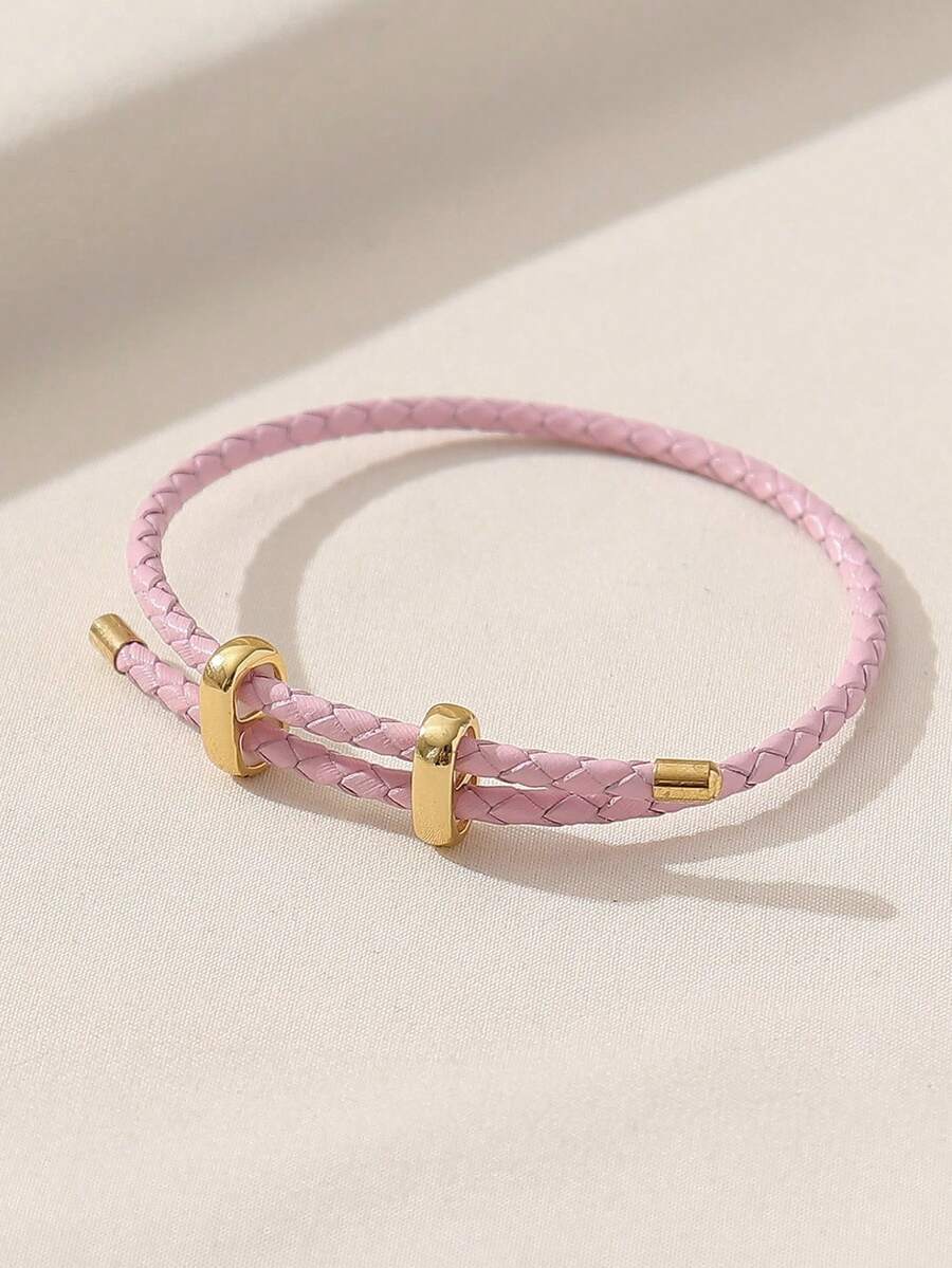 1pc College Style Solid Color Metal Buckle PU Single Circle Adjustable Bracelet, DIY Basic Wristband For Women - Pink - View 1