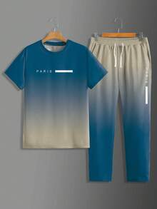 Bộ 2 món/Bộ áo thun nam cổ tròn tay ngắn màu ombre thoải mái, mềm mại cao cấp kèm quần jogger, trang phục phổ biến - Màu xanh lam - Xem 2