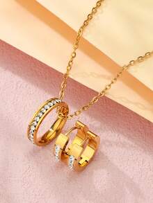 高品质哑光情侣防水首饰套装，时尚魅力全锆石镶嵌不锈钢耳环项链套装，男女皆宜 - 金色 - 查看 1