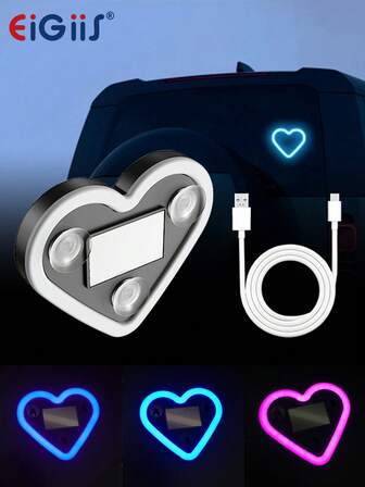 EIGIIS 1pc Heart-Shaped Wireless LED Car Light, USB Rechargeable, 3 Color Options
