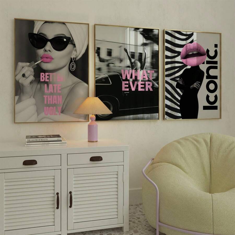 1 pièce Impression de collage d'appartement, impression de mode noir et blanc Y2K, art esthétique rose et cool pour les chambres d'adolescents et d'étudiants