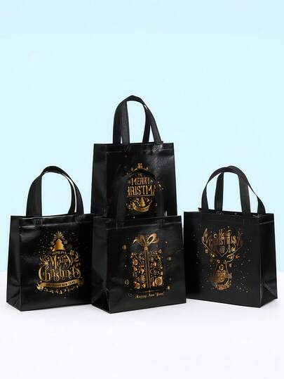 4pcs Christmas Gift Bags, Black Printed Handbag, 3D Laminated Bag, Non-Woven Fabric Bag, Takeout Bag