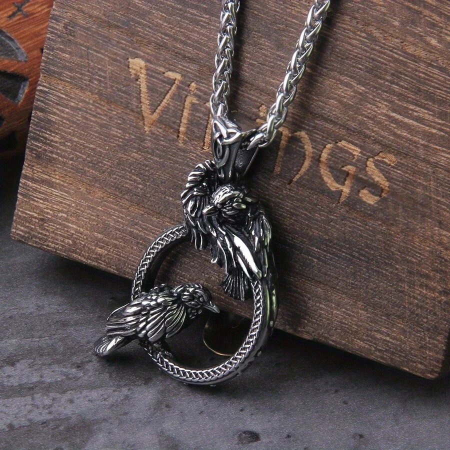 Nordic Mythology Odin & Raven Pendant Necklace - Zinc Alloy Viking Crow Design With Intricate Feather Detailing, Black Finish, Chain For Men, Casual Attire, Halloween, Thanksgiving, Father'S Day Gift, Viking Jewelry - 無盒子--多色 - 查看 1