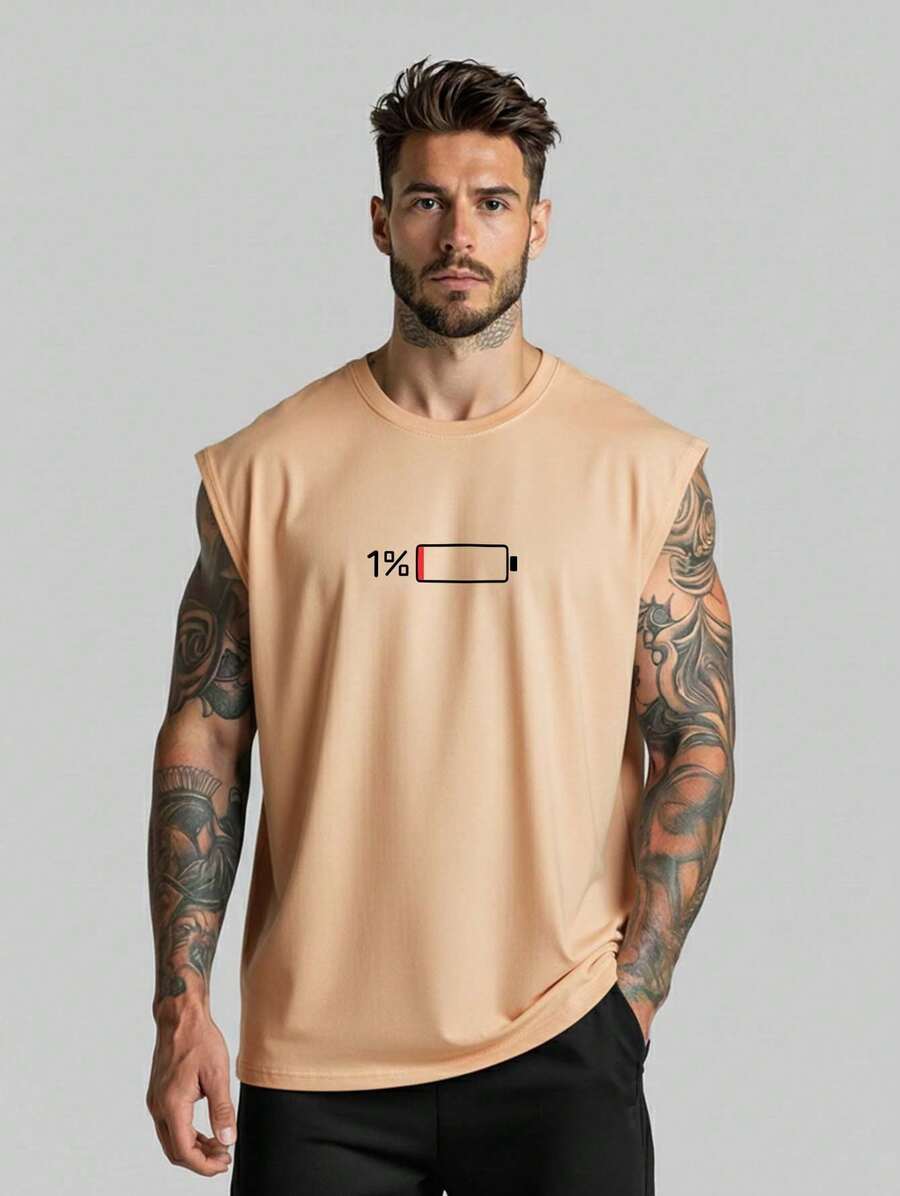 T-Shirt Oversized Tank Top Battery 1% Men's Printed Low-Cut Shirt Unisex Loose Cotton T-Shirt % - 米色 - 查看 1