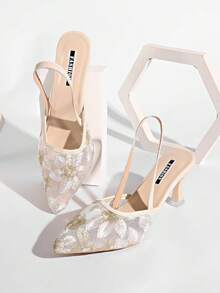 新款中国风白色高跟穆勒鞋，尖头蕾丝刺绣套脚凉鞋，猫跟鞋 - 米色 - 查看 6