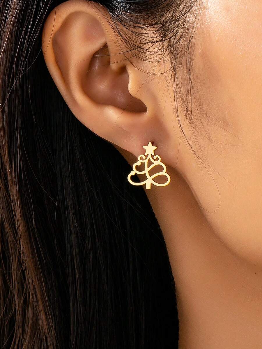 1 Pair Minimalist Christmas Tree Earrings - Winter Holiday Christmas Tree Jewelry Gift, Suitable For Women And Girls - Gold - View 1