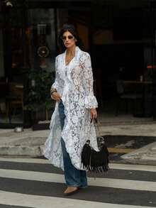 Women's Lace Ruffled Cardigan With V Neck Flared Sleeves  Asymmetric Hem For Elegant Casual And Street Styles - 白色 - 查看 4