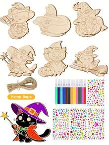 12pcs Magic Cat Unfinished Halloween Wooden Decoration, Halloween Cat Coloring Wooden Crafts, Hanging Ornaments - DIY Handmade Set - DIY Painting Set - Perfect For Holidays, Birthdays And Room Decorations