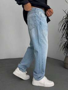 leev 直筒牛仔裤，棉质斜口袋水洗牛仔布，个性百搭宽腿水洗牛仔布，情侣装宽松直筒版型