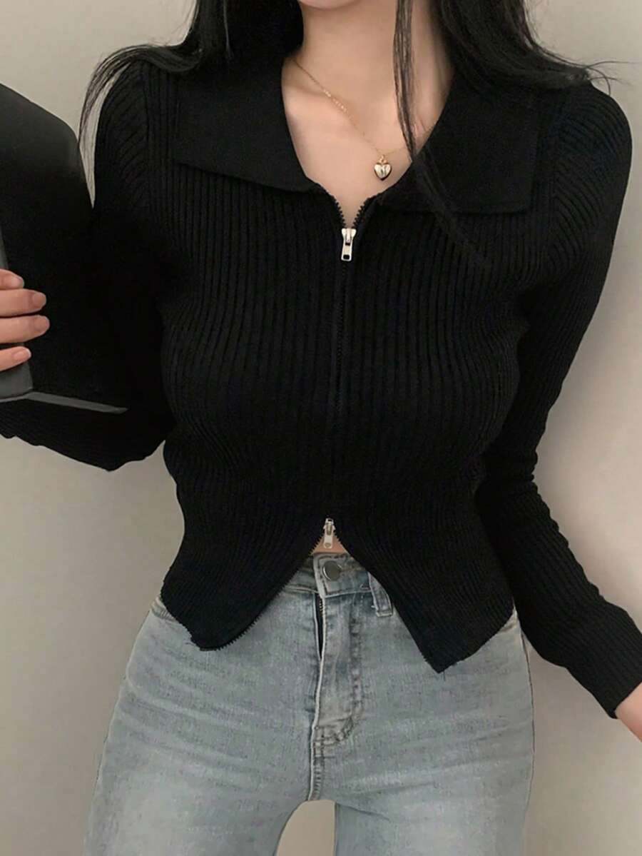 2025 Autumn/Winter Stylish Reversible Zipper Women Long Sleeve Knit Cardigan