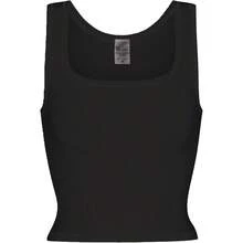 Camiseta de mujer de costilla con acolchado, top de entrenamiento de cuello cuadrado, top corto ajustado, camiseta básica de tirantes - Negro sólido - Ver 8