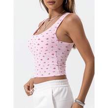 Camiseta de mujer de costilla con acolchado, top de entrenamiento de cuello cuadrado, top corto ajustado, camiseta básica de tirantes - Rosa rosa floral - Ver 6