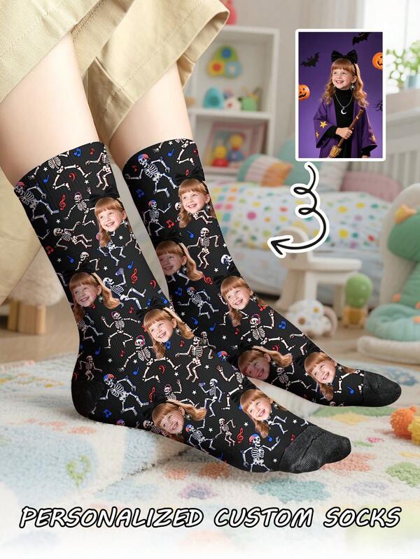 1 Pair Of Halloween Design Customized Face Children's Front Printed Mid Tube Socks, Boy's And Women's Couple Socks, Personalized With Photos, Funny Couple Socks, Comfortable And Breathable, Creative Cartoon Design, Perfect Holiday, Birthday, Valentine's Day Gifts, Funny, Crazy, Anime, Multi-Color Socks