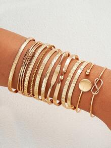 8/12pcs Fashion Metal Textured Heart Shape Bangle Bracelet Set, Boho Adjustable Layered Wristband, Suitable For Daily & Party Wear, Ideal Gift For Friends & Family - Gold - View 4