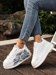 White Shoes College Style Round Toe Women's Casual Shoes Printed Flat Heel Thick Bottom Heightening Shoes Casual Sports Shoes Women's Shoes - Màu be - Xem 12