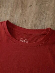Camiseta relajada de mujer con cuello redondo y mangas cortas de unicolor, uso casual diario, tops para mujeres tshirt - Rojo - Ver 3
