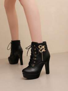 High Heel Princess Shoes, Thick Heel Leather Lace-Up Sexy Waterproof Platform Ankle Boots, Autumn/Winter New Style - Black PU - View 5