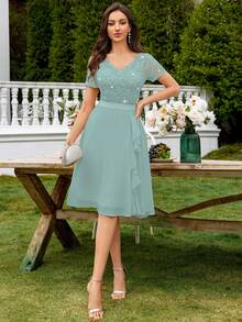 MIUSOL Vestido de gala de gasa con cuello en V, encaje con lentejuelas y volantes, elegante vestido de fiesta para mujeres, adecuado para fiestas formales, vacaciones, ceremonias de graduación y otras ocasiones - Azul menta - Ver 10