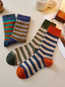 4 Pairs Of Women's Socks, Vintage Striped Mid-Calf Socks, Autumn/Winter Long Socks, Stylish Color Combinations With Exquisite Craftsmanship, Perfect For Everyday Wear.