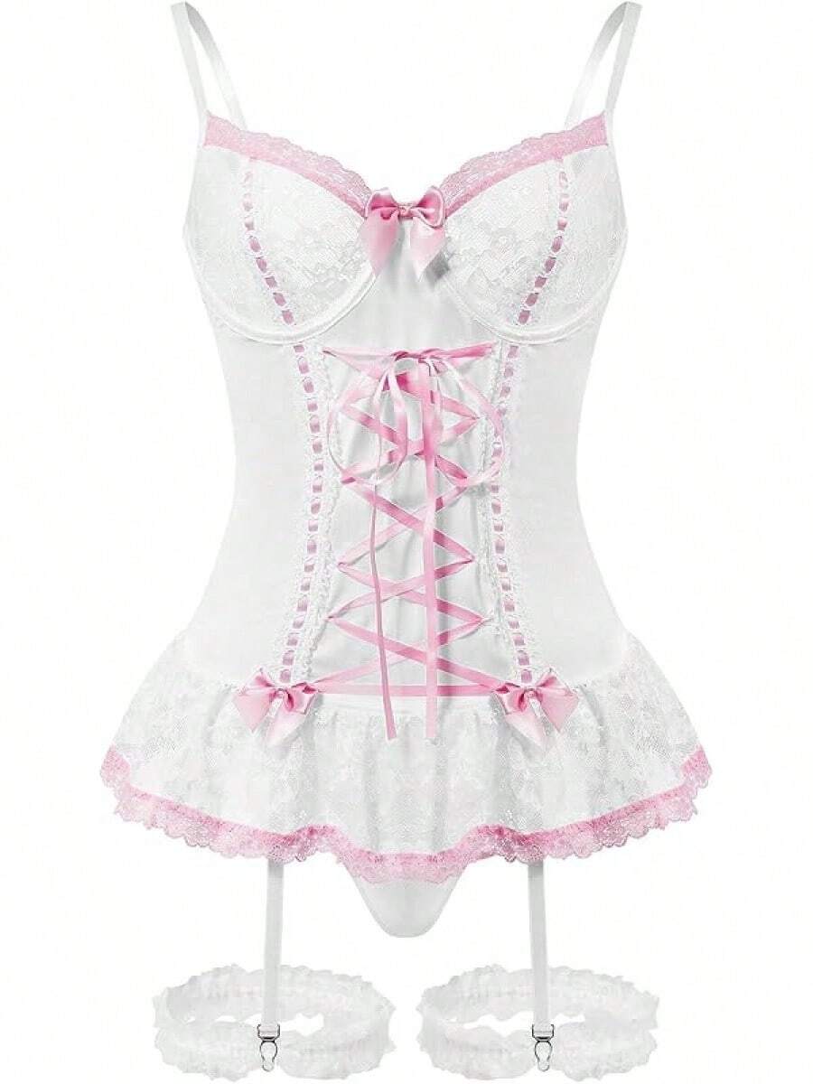Sheer Mesh Corset Lace-Up Garter Belt Babydoll Lingerie Set - White Pink - View 1