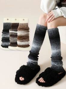 1/2/3/4 双装女士渐变色腿套，加厚针织复古风小腿套，时尚春季保暖蕾丝中筒腿套，秋冬季 - 彩色 - 查看 5