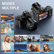 SONGDIAN 松典8K 88MP数码相机，适用于摄影和Vlog，具备自动对焦、LCD触摸屏、16倍数码变焦、1500mAh电池、双镜头、遮光罩、图像稳定功能，支持64GB TF卡和闪光灯，镜头耐用且品质优良，是理想的圣诞礼物，黑色