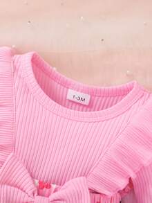 2pcs Set, Casual, Elegant, Sweet, Cute, Baby Girl Dress, Infant Romper, Autumn/Winter Clothing, Soft & Comfortable, Bow Decor, Patchwork Butterfly Print Ruffle, Layered, Dress Romper & Bow Headband